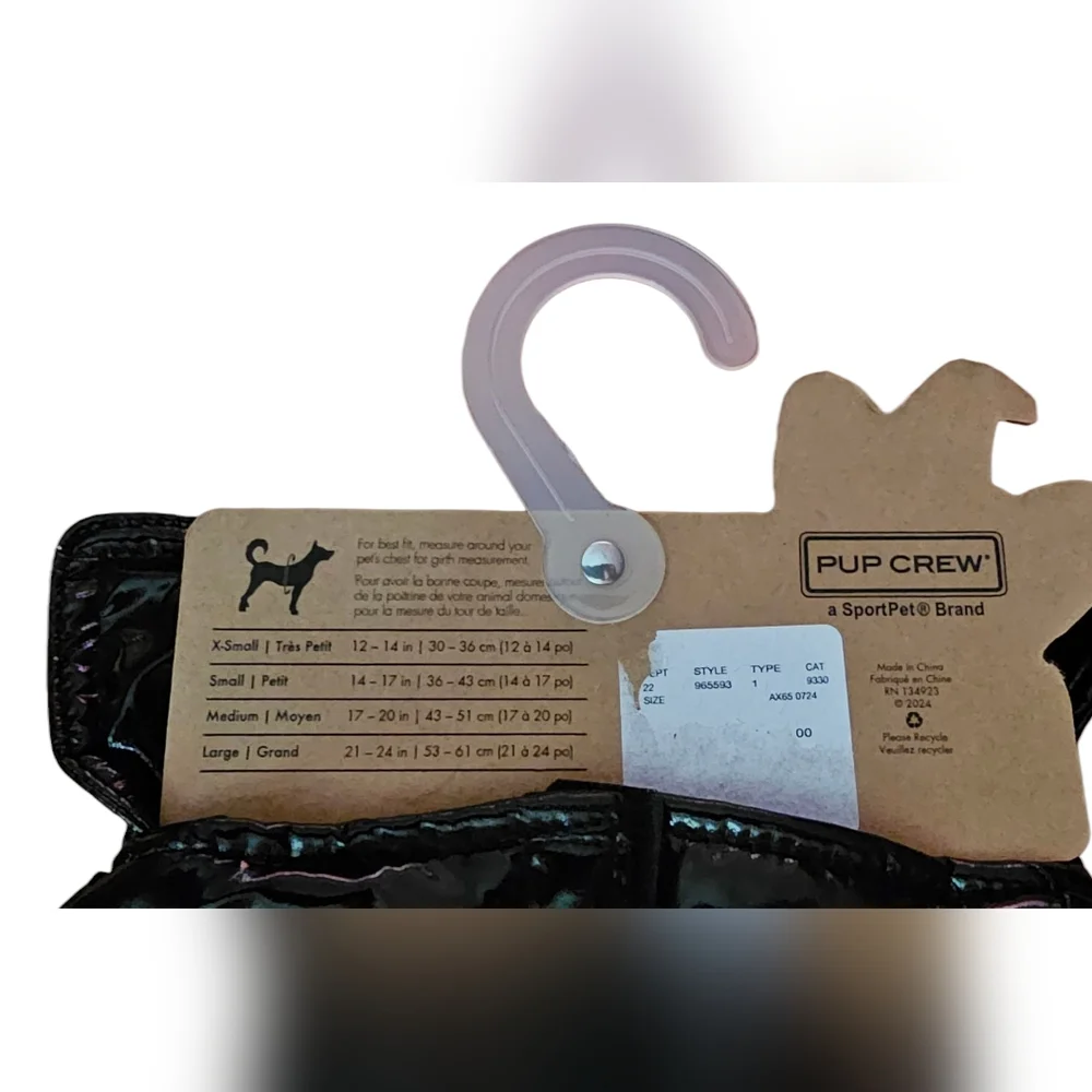 Pup Crew - Size Large 'T Bones' Puffer Puffy Shiny Black Dog Jacket Velcro Close